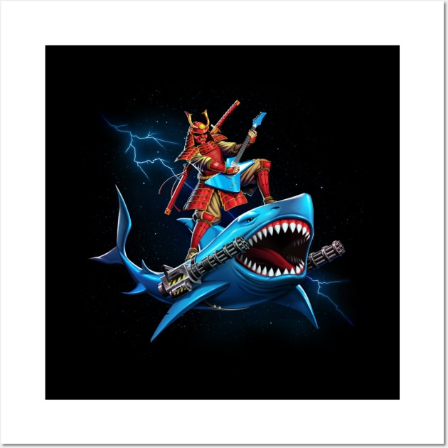 Epic Samurai Surfing on a Shark in Space Playing Guitar Wall Art by andremuller.art